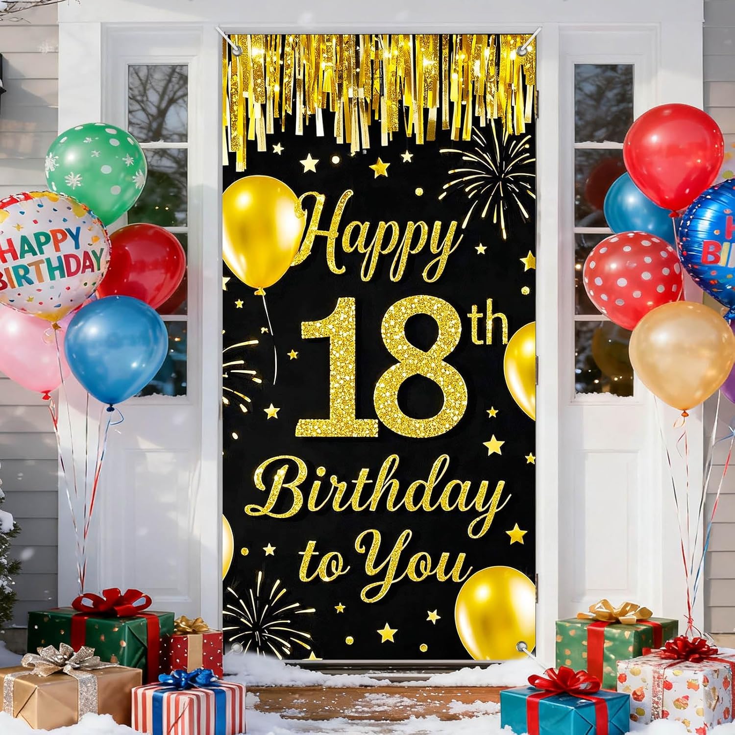 IVN 18th Birthday Door Cover 71x35 Inch Black Gold Birthday Banner for Party Decorations Balloons Stars Fireworks Backdrop Sign for Men Women Photo Booth Prop Wall Decor