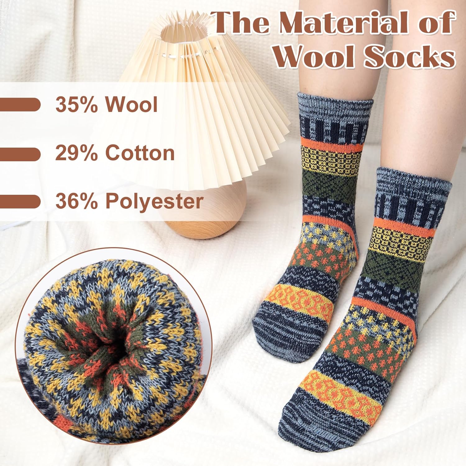 Justay 5 Pairs Wool Socks for Women - Winter Thick Boot Cozy Crew Vintage Soft Calf Knit Warm Socks Gifts