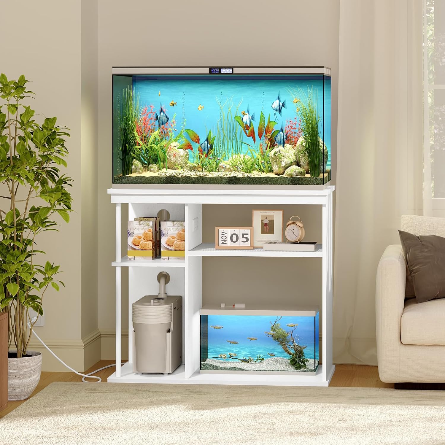 40-50 Gallon Fish Tank Stand with Power Outlet, Wooden Aquarium Stand with Filter Storage, Heavy-Duty Reptile Tank Stand with 3-Tier Storage Shelves, 36.2" L x 19.7" W x 31.7" H, White