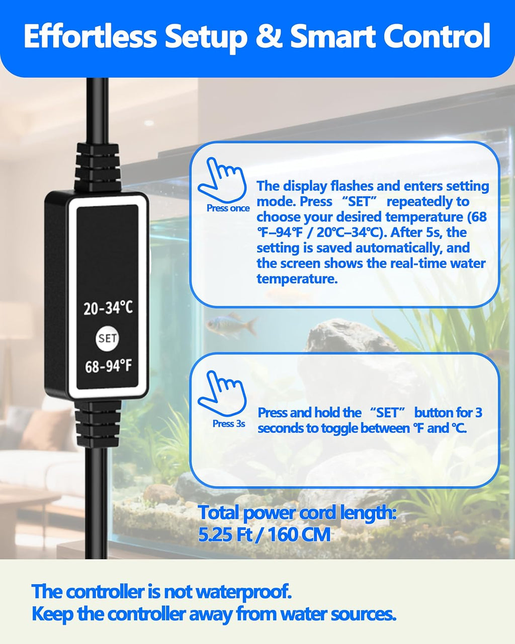 100W Titanium Aquarium Heater with LED Digital Display & External Controller – Submersible Fish Tank Heater, Precise ±1.8℉, IP68 Waterproof, for 10–25 Gallon Freshwater & Saltwater Tanks