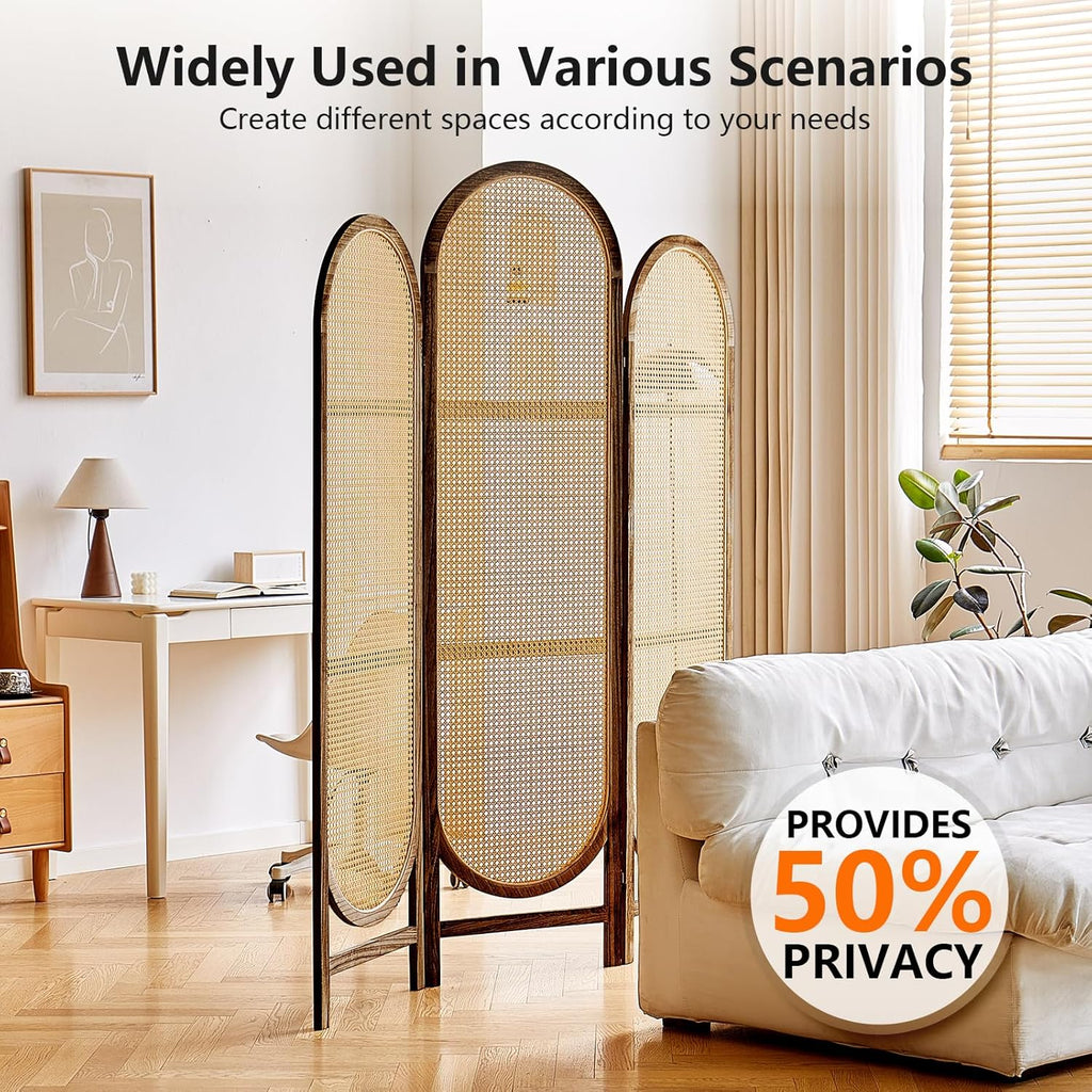 Wood Room Divider 3 Panels, Folding Rattan Room Divider Wall, Unique Design Folding Portable Partition Screen, Foldable Privacy Screen Wall Divider for Home Office Restaurant Bedroom (Brown)