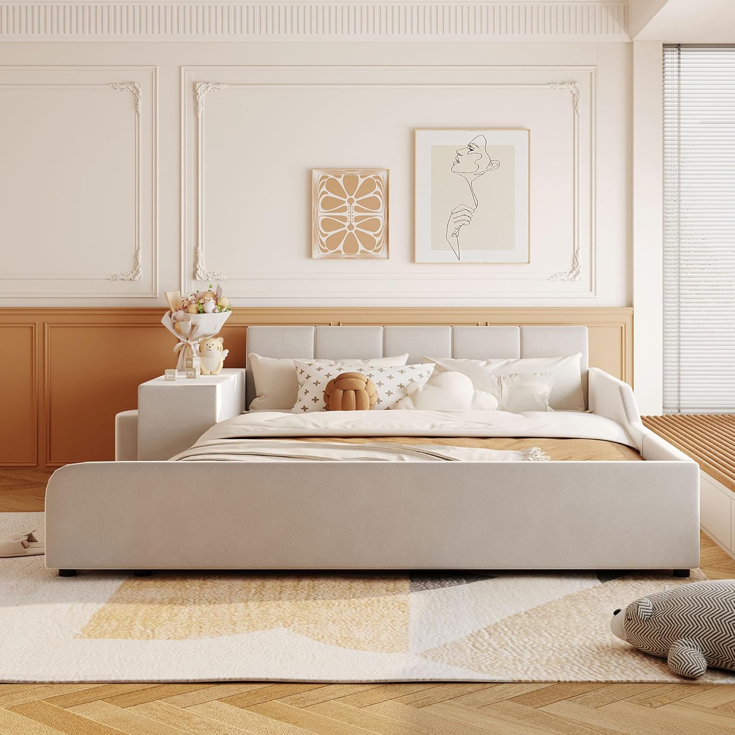 Merax Queens Size Velvet Bed Frames Upholstered Grounded Bed, Wooden Mother & Child Bed with Bedside Desk and Little Round Stool,Kids Adults Bedroom Floor Platform Bed,Beige