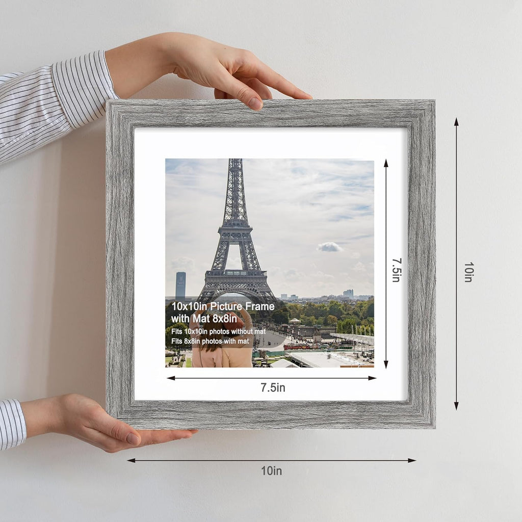 10x10 Picture Frame Set of 4, Made of Glass and Grey Wooden Frame - Display Picture 8x8 with Mat or 10 x 10 Without Mat, 10 by 10 Photo for Wall or Tabletop