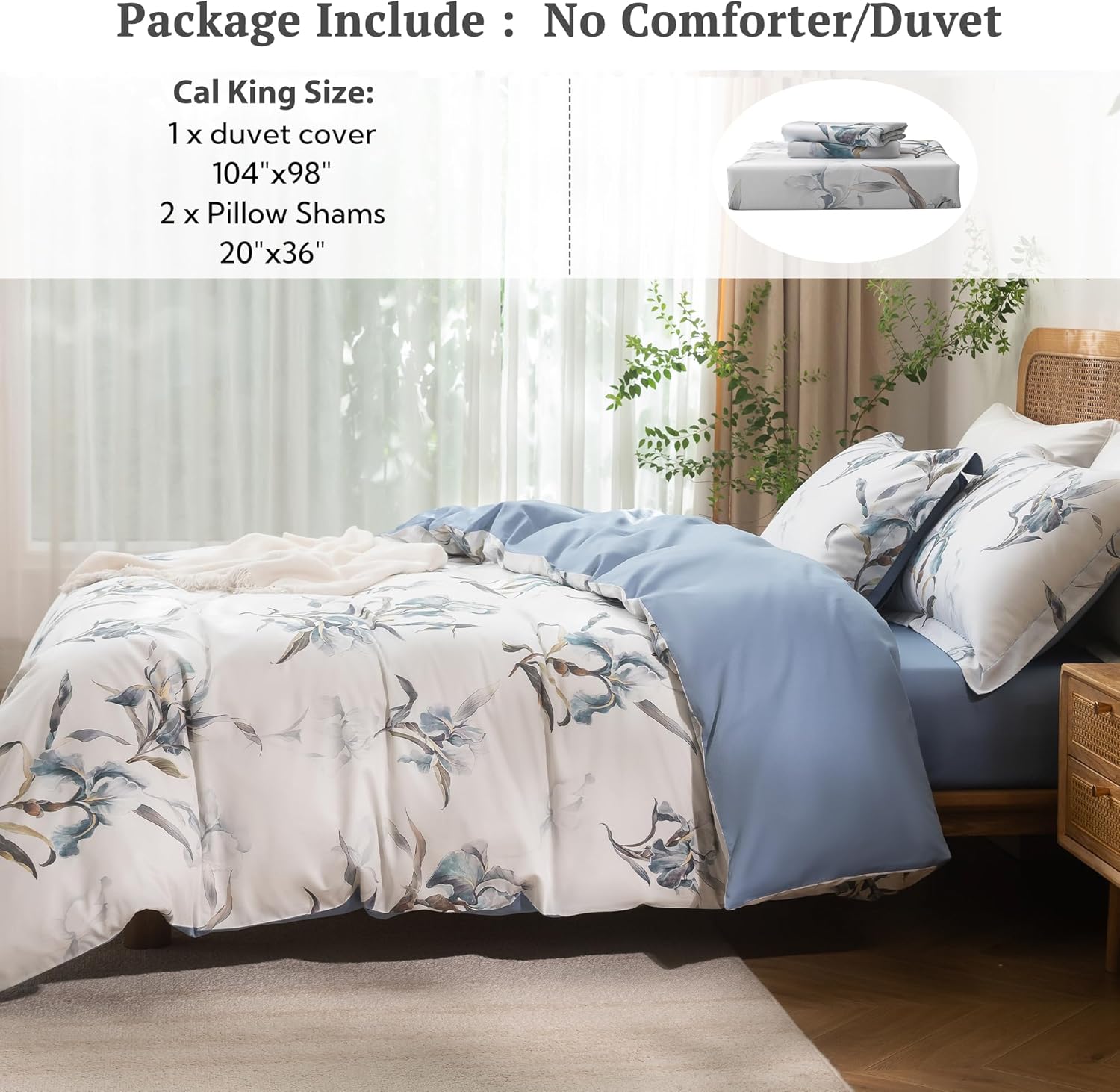 MILDLY Cal King Size Duvet Cover Set 100% Long-Staple Cotton Luxury White & Blue Floral Patten Reversible Comforter Cover Set 3Pcs