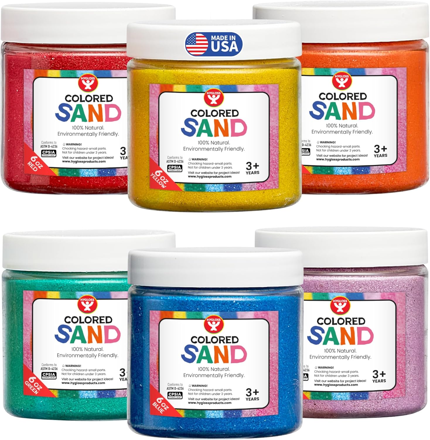 Hygloss Colored Sand for Crafts – 6 Assorted Colors – 6-Ounce – Vibrant Colorful Fine Sensory Play Sand Art Kits for Kids – Classroom Activities for Children 3 4 5 6 7 8 9 10 11 12 – Safe for Ages 3+