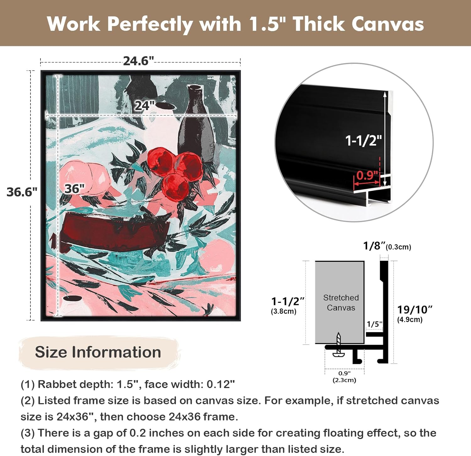 Floating Frame for 12x24 Canvas Painting, DIY Metal Canvas Frame with 1.5 Inch Deep for Oil Paintings Art Prints Artwork Landscape Portrait Living Room Wall Decor (Black)