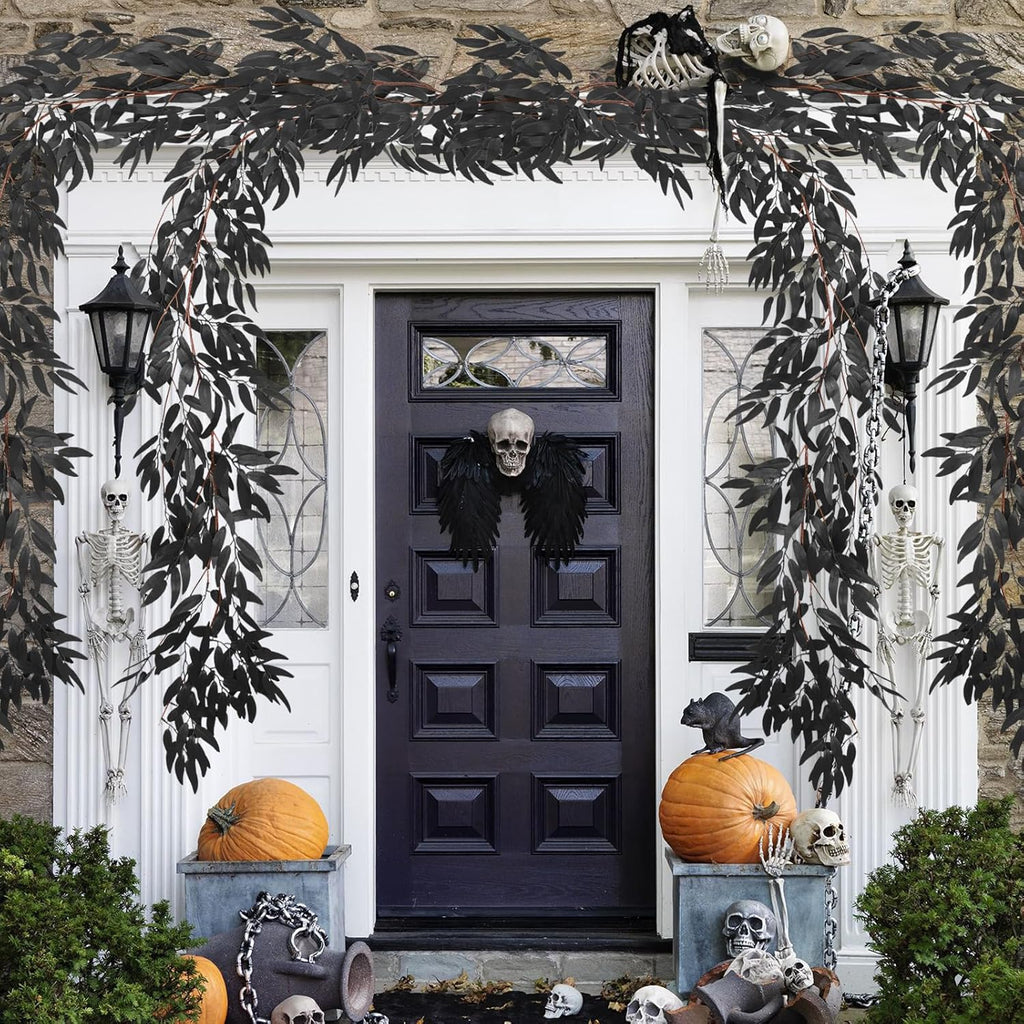 RECUTMS Artificial Hanging Willow Leaves Vine Twigs 2Pcs 5.7Ft Halloween Black Leave Garland Fake Silk Willow leaf Ivy Faux Greenery Plant for Indoor Outdoor Jungle Birthday Fall Christmas Party Decor