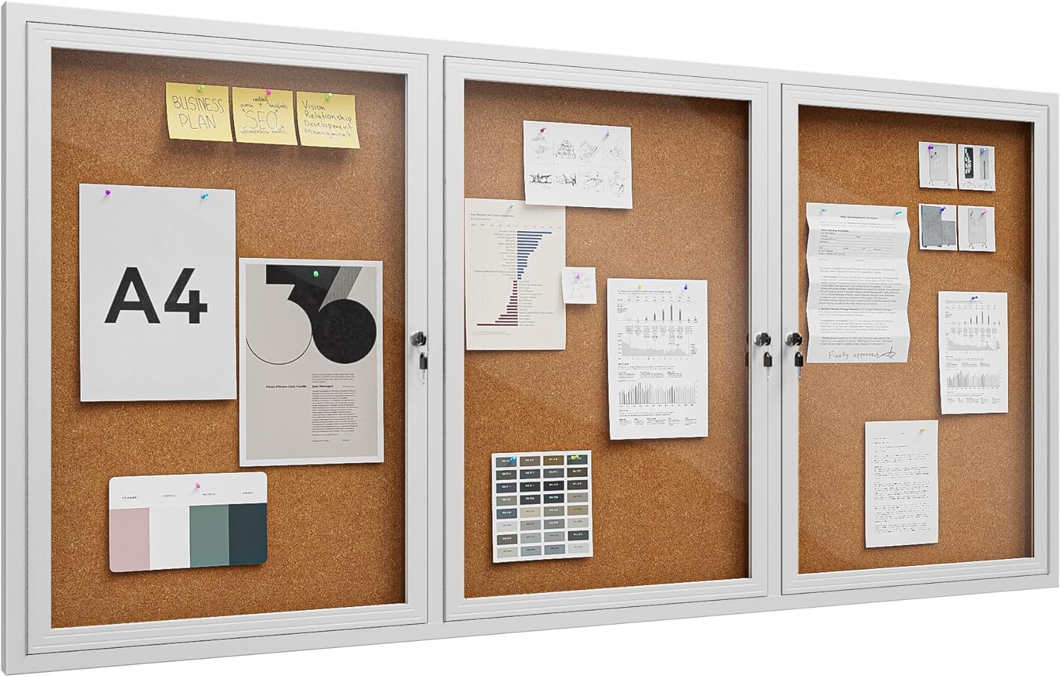 72"x36" Lockable Enclosed Bulletin Board, Outdoor Cork Weather-Resistant Aluminum Frame Notice Board, Wall Mounted Display Case Acrylic Doors for School,Office,Silver Frame w/Cork
