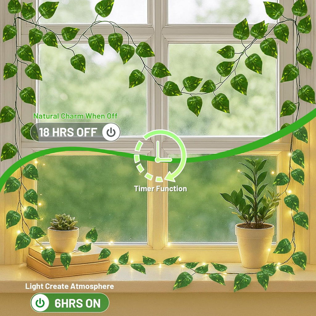 YOUNGAR Vine with Fairy Lights Battery/USB Operated,23ft 73 LED Pothos String Lights with Memory and Timer,Leaf Lights for Bedroom, Room, Garden, Party, Wedding,Wall Decor (Warm White)