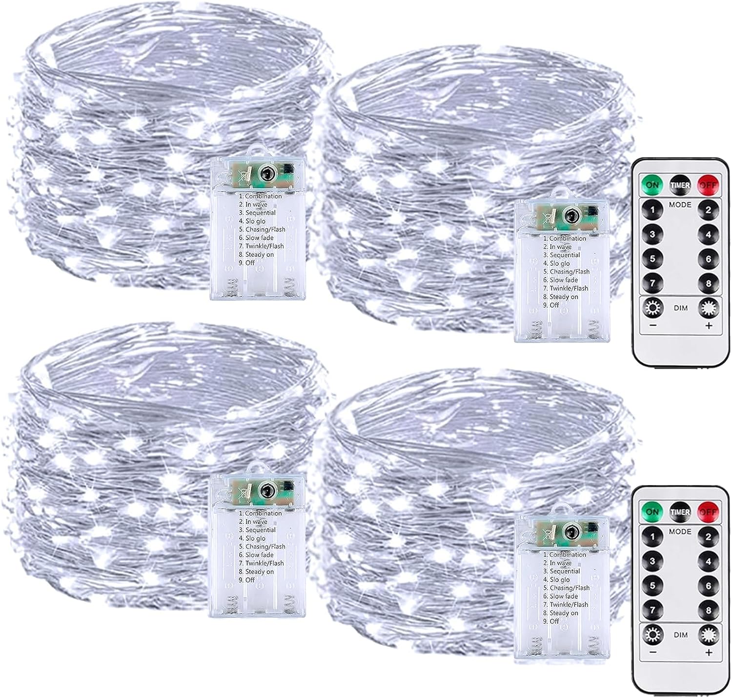 4 Pack 60LED Christmas Battery Operated Fairy Lights with Remote, 8 Modes String Lights with Timer, Dimmable, Memory Function, Waterproof Twinkle Lights for Outdoor Indoor Christmas Decor(Cool White)