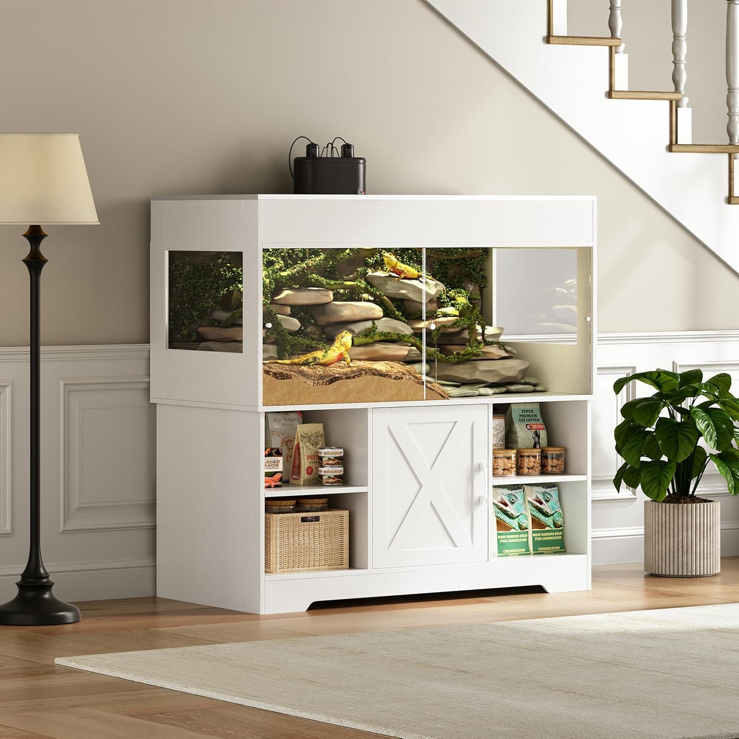 120 Gallon Terrarium with Stand, 4x2x2 Reptile Enclosure Tank for Bearded Dragons Snakes Lizards, Large Vivarium Habitat with Storage & Power Strip White PX07RTW