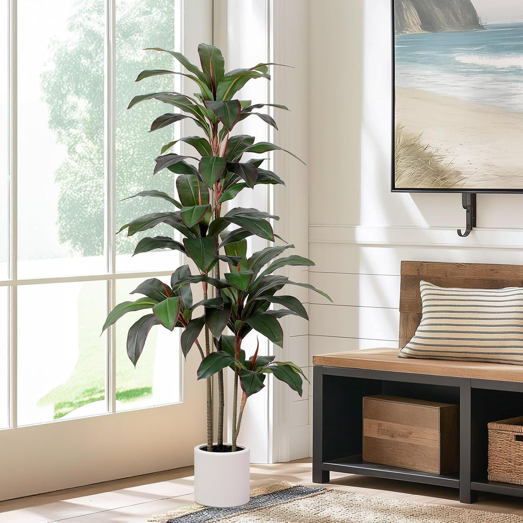 Artificial Dracaena Tree 5 FT, Fake Tree with White Planter, Faux Yucca Silk Floor Plants Indoor, Artificial Trees for Home Office Decor Indoor Outdoor Housewarming Gift