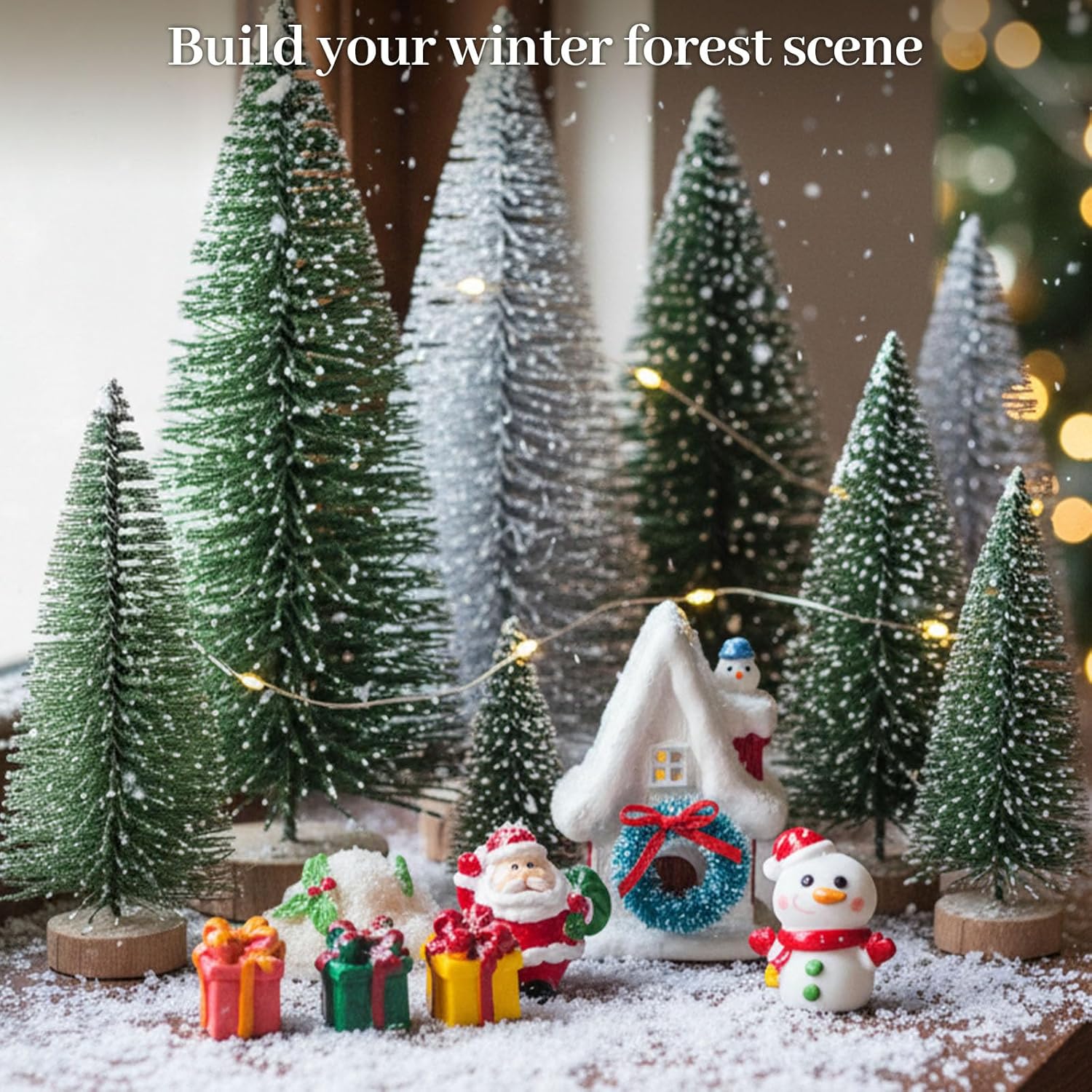 LOVEINUSA 48PCS Mini Bottle Brush Trees and Resin Miniatures for Tabletop Decor - Winter Ornaments and DIY Crafts