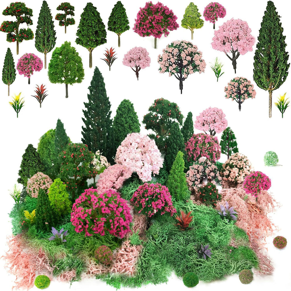 Mixed Model Trees, Model Train Scenery, 37Pcs, Miniature Trees with Moss for Building Model, Natural Green Landscape, Railroad Scenery