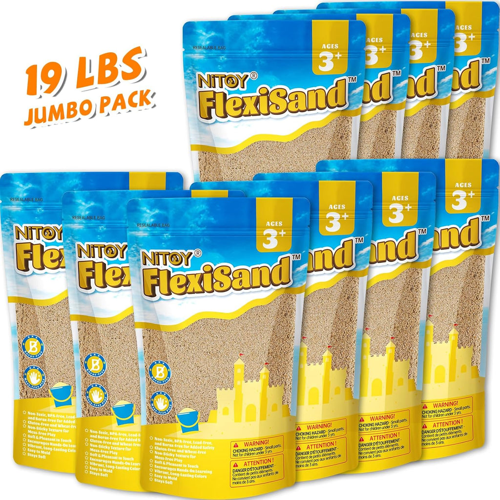 NiToy FlexiSand 19 lbs Moldable Self-Sticking Sand, Never Dries Out Fun for Over 3 Years Old Kids Bulk Refill for Sensory Sand Box Toys, Ideal for Shaping, Squeezing and Rolling (Dark Yellow)