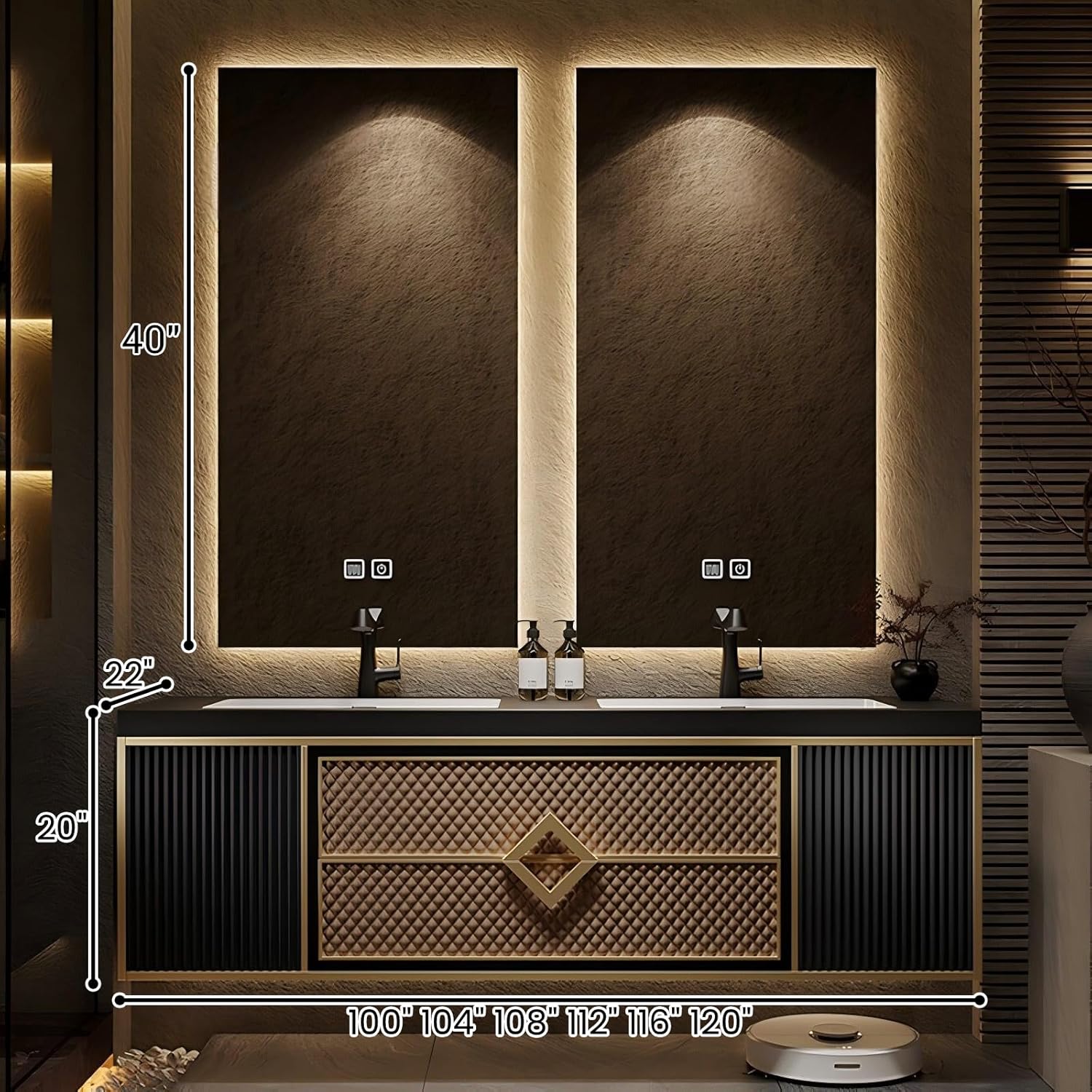 Floating Bathroom Vanity, Double Sink Bathroom Vanity Set Includes Smart Defogging Mirror, Slate Countertop and Ceramic Sink, Modern Bath Cabinet with Soft-Close Drawers and Cabinet Door - 120IN