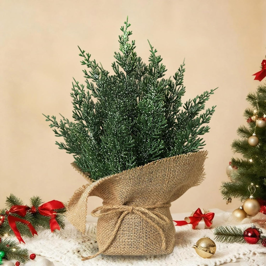 Mini Christmas Tree, Tabletop Christmas Tree 14In Artificial Snowy Pine Branches with Decorative Burlap Base Small Holiday Tabletop Centerpiece for Home Office Xmas Decor
