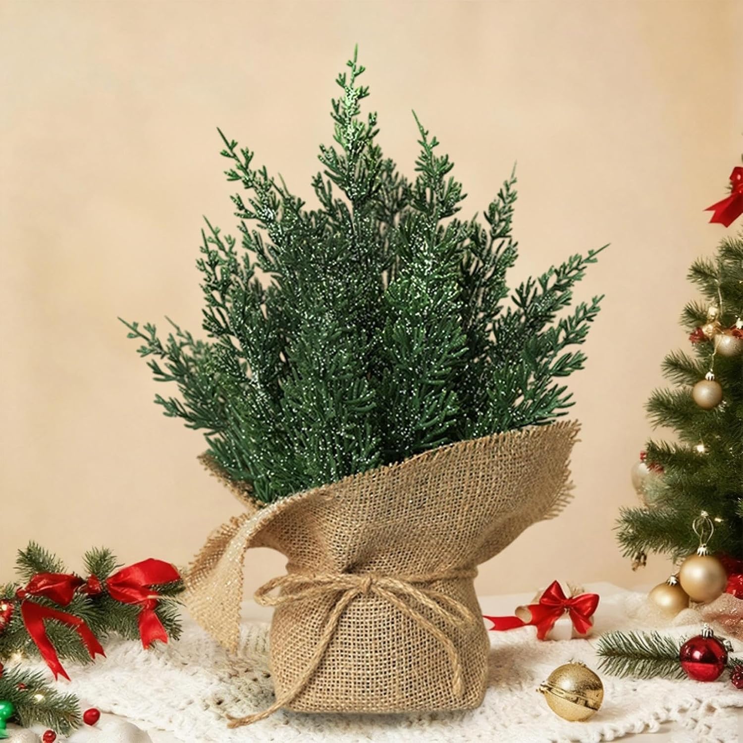 Mini Christmas Tree, Tabletop Christmas Tree 14In Artificial Snowy Pine Branches with Decorative Burlap Base Small Holiday Tabletop Centerpiece for Home Office Xmas Decor