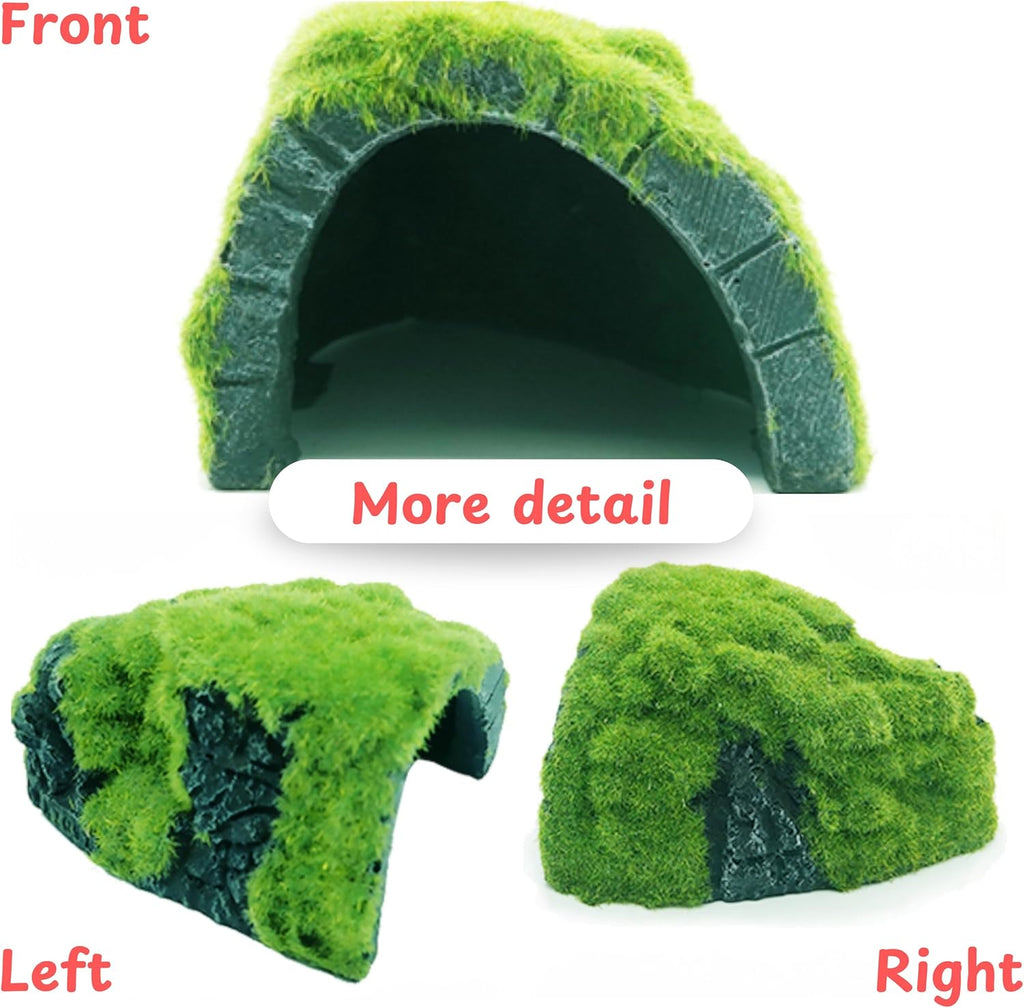Axolotl Hides for Aquarium with Feeding Dish and Fake Plants Set, Axolotl Cave with Green Plants, Aquarium Decor, Fish Tank Decorations, Turtle Tank Accessories (Cave+Plant+Feeding Dish, L)