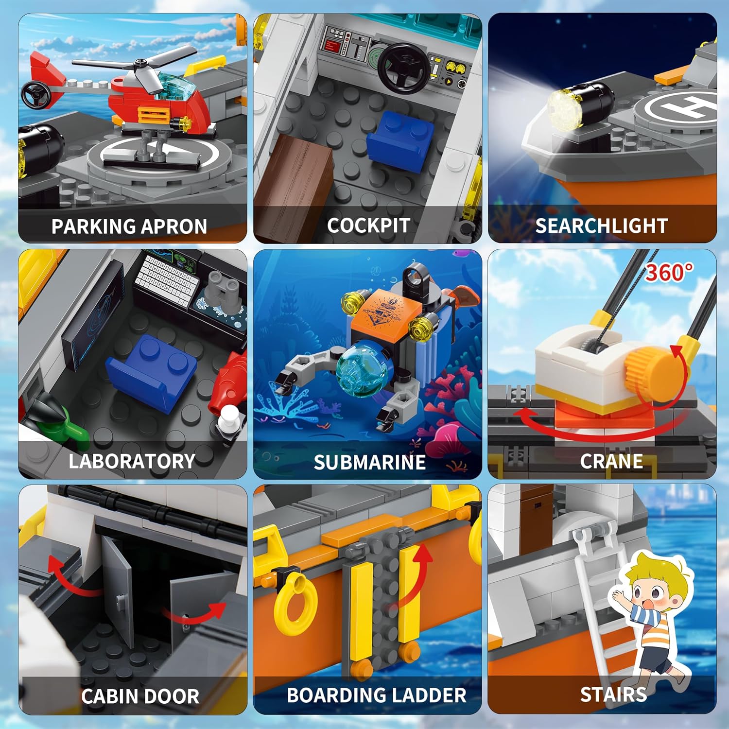City Ocean Explorer Ship Building Set, Exploration Boat Set Toy Building Block with LED Lights, Helicopter, Submarine and Shark Cage, Birthday Gifts for 6 8 10 12 Years Old Boys Kids Girls