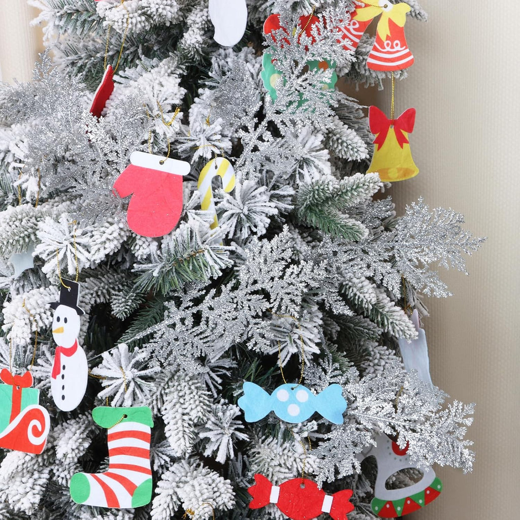 KIMOBER 20PCS Christmas Artificial Pine Needles,Glitter Silver Fake Floral Spray Picks Branches Twig for Xmas Tree Wreath Wedding Bouquet Decoration
