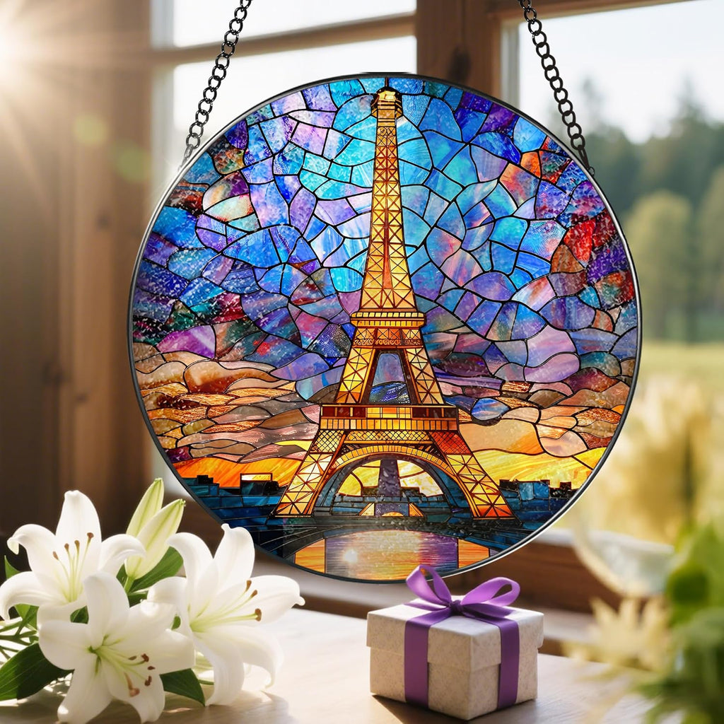 Eiffel Tower Sun Catcher, 8 Inch Stained Glass Suncatcher, Stained Glass Window Hanging, Eiffel Tower Indoor Decor, Idea Gift, Gift Exchange