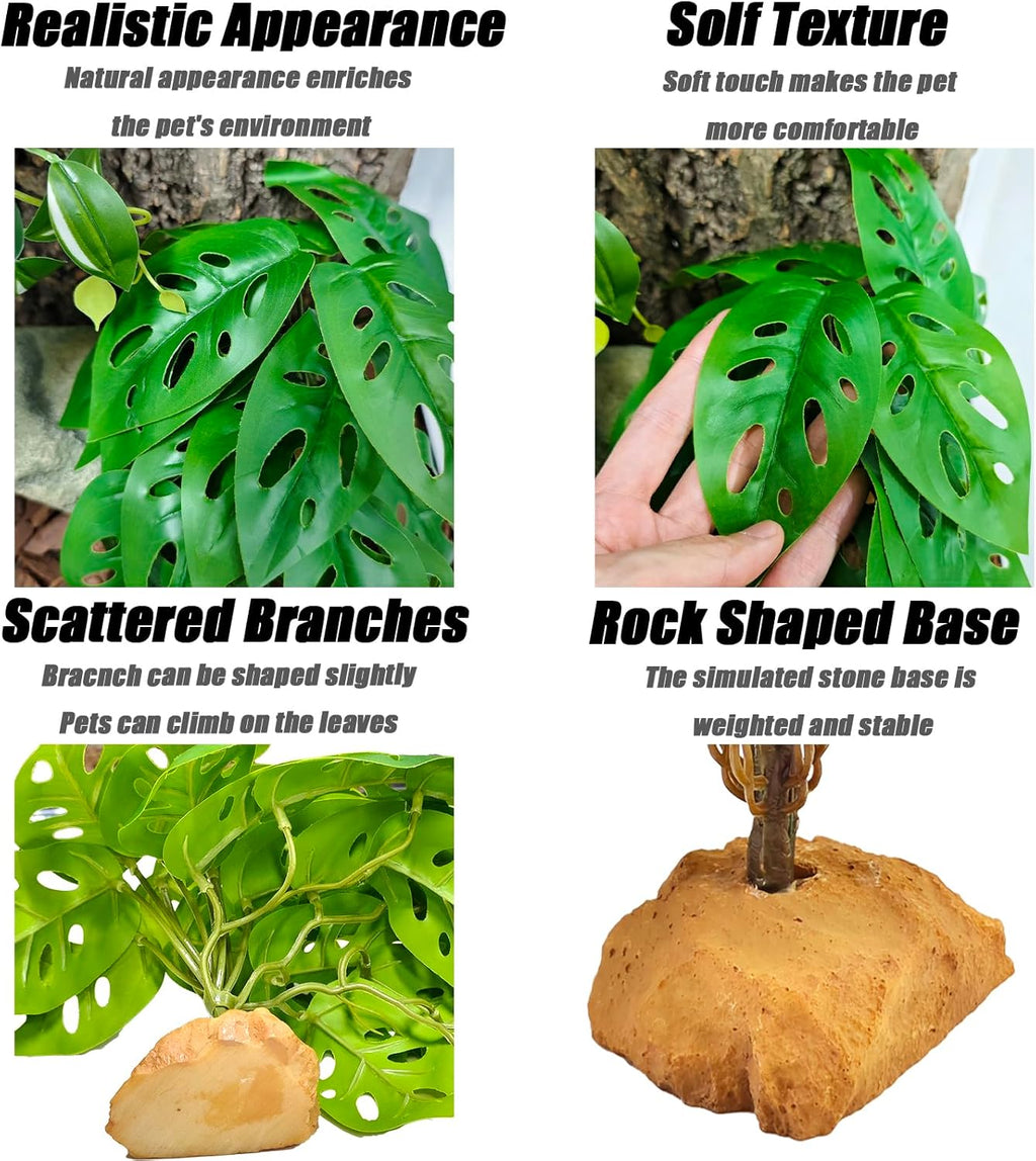 Woyrise Reptile Artificial Plants with Base, Terrarium Decor Amphibian Habitat Plant, Bearded Dragon Tank Accessories fit Gecko Lizard Chameleon Snake Frog - Monstera Adansonni