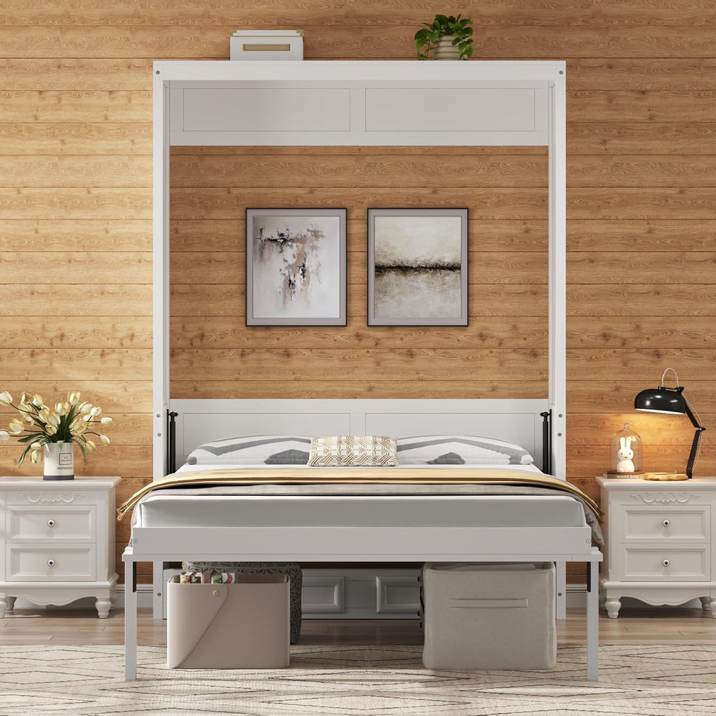 Merax Modern Full Size Murphy Bed with 2 Drawers, Space Saving Wall Bed Foldable into Wardrobe, Solid Pine Wood Frame, No Box Spring Needed, Beige