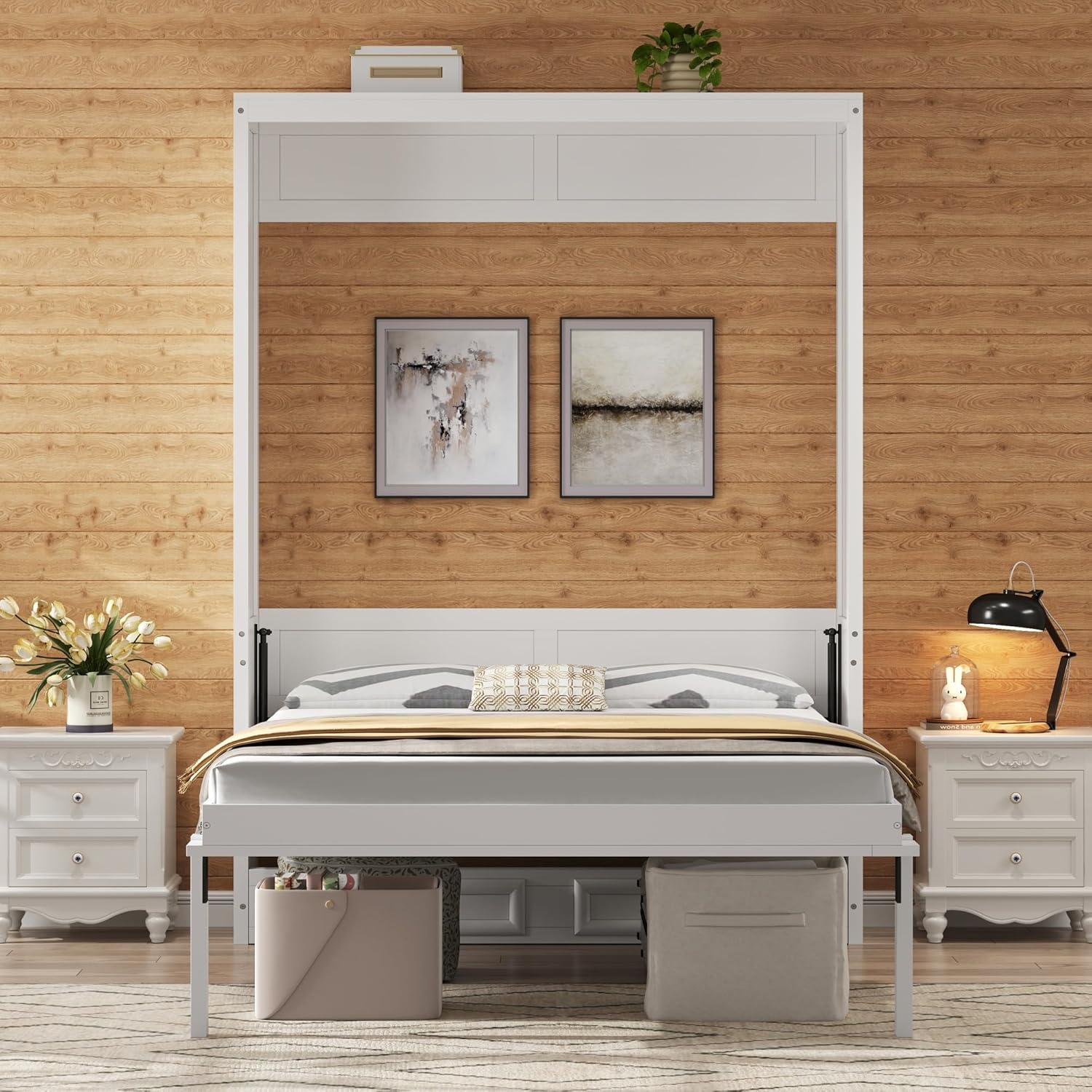 Merax Modern Full Size Murphy Bed with 2 Drawers, Space Saving Wall Bed Foldable into Wardrobe, Solid Pine Wood Frame, No Box Spring Needed, Beige