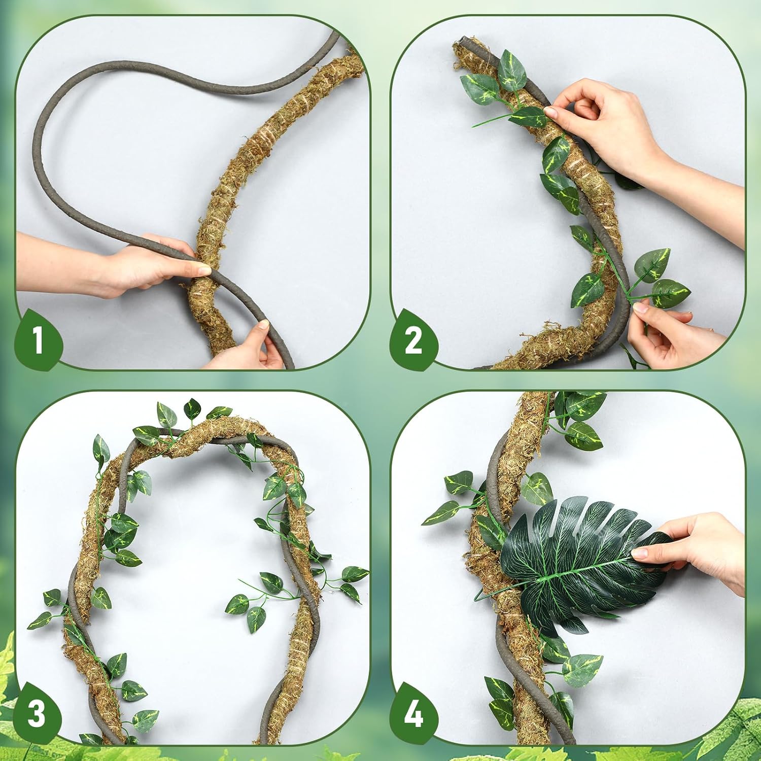 39pcs Jungle Theme Party Decorations 1 10ft Natural Moss Rope 1 10ft Artificial Rattans 36 Tropical Palm Leaves Ivy Fake Vines for Indoor Outdoor Tropical Rainforest Safari Rattan Party Decor