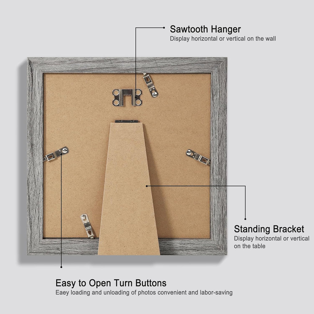 8x8 Picture Frames Set of 4, Made of Glass and Grey Wooden Frame - Display Picture 6x6 with Mat or 8 x 8 Without Mat, 8 by 8 Photo for Wall or Tabletop