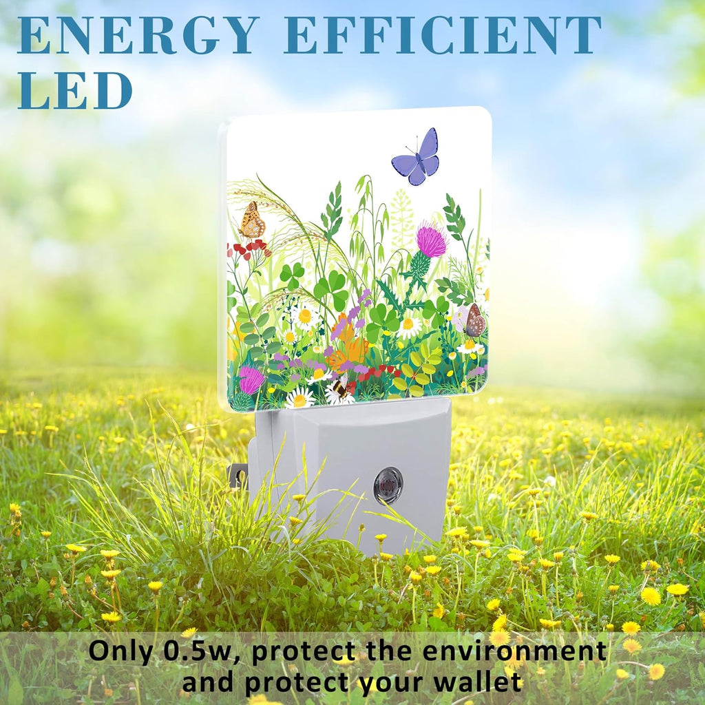 Summer Meadow Plants and Insects Night Light Plug into Wall with Dusk to Dawn Sensor Cute Nightlight for Kid Girls Boys Women Men Room Decor, Hallway, Kitchen, Bathroom, Nursery, Stairs