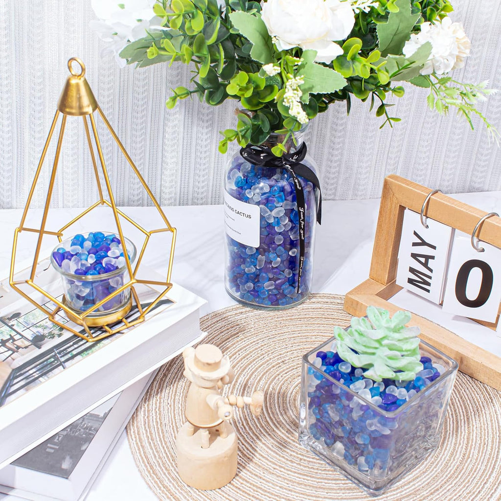 Keedolla 0.9 Lb Frosted Blue Mixed Gemstone Vase Fillers Beads Fish Tank Rocks Gravel, Betta Fish Bowl Rocks Pebbles for DIY Crafts, Aquarium and Home Decor - Sea Blue, Cobalt Blue, White