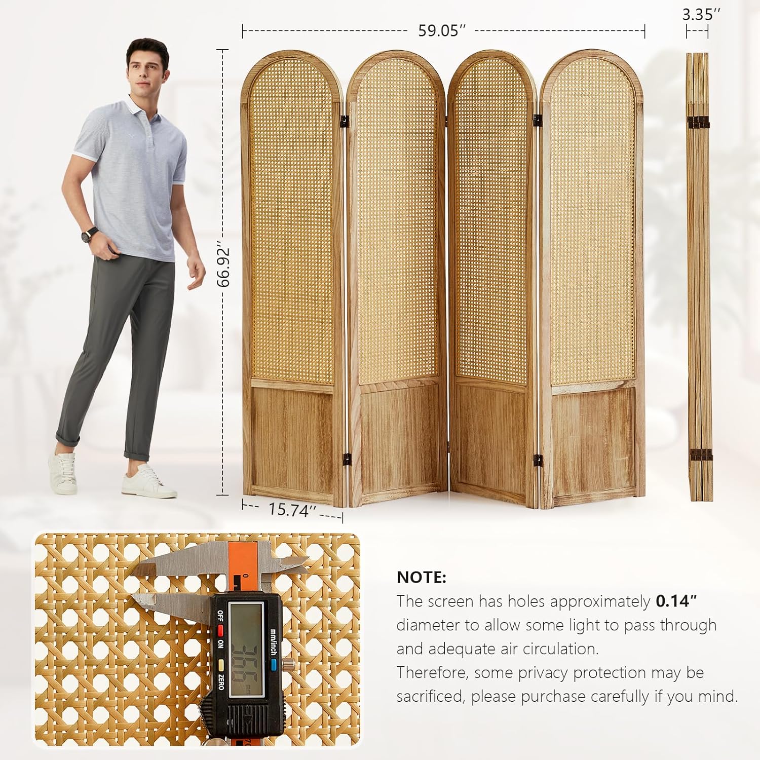 Room Divider 4 Panel, Folding Privacy Screen, Foldable Wood Divider Room Dec, Rattan Room Divider, Portable Partition Screen, Wall Divider for Room Separation Bedroom Home Office (Natural)