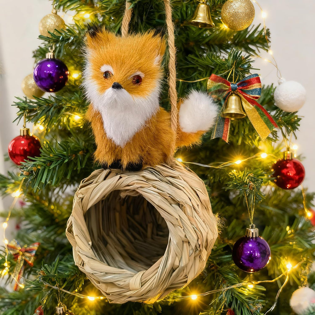 3D Forest Animals Ornaments for Christmas Tree Woodland Furry Animal Ornament Handmade Bird Nest with Plush Animals for Xmas Tree Faux Fur Animal Hanging Decoration Home (4inch Nest & Fox)