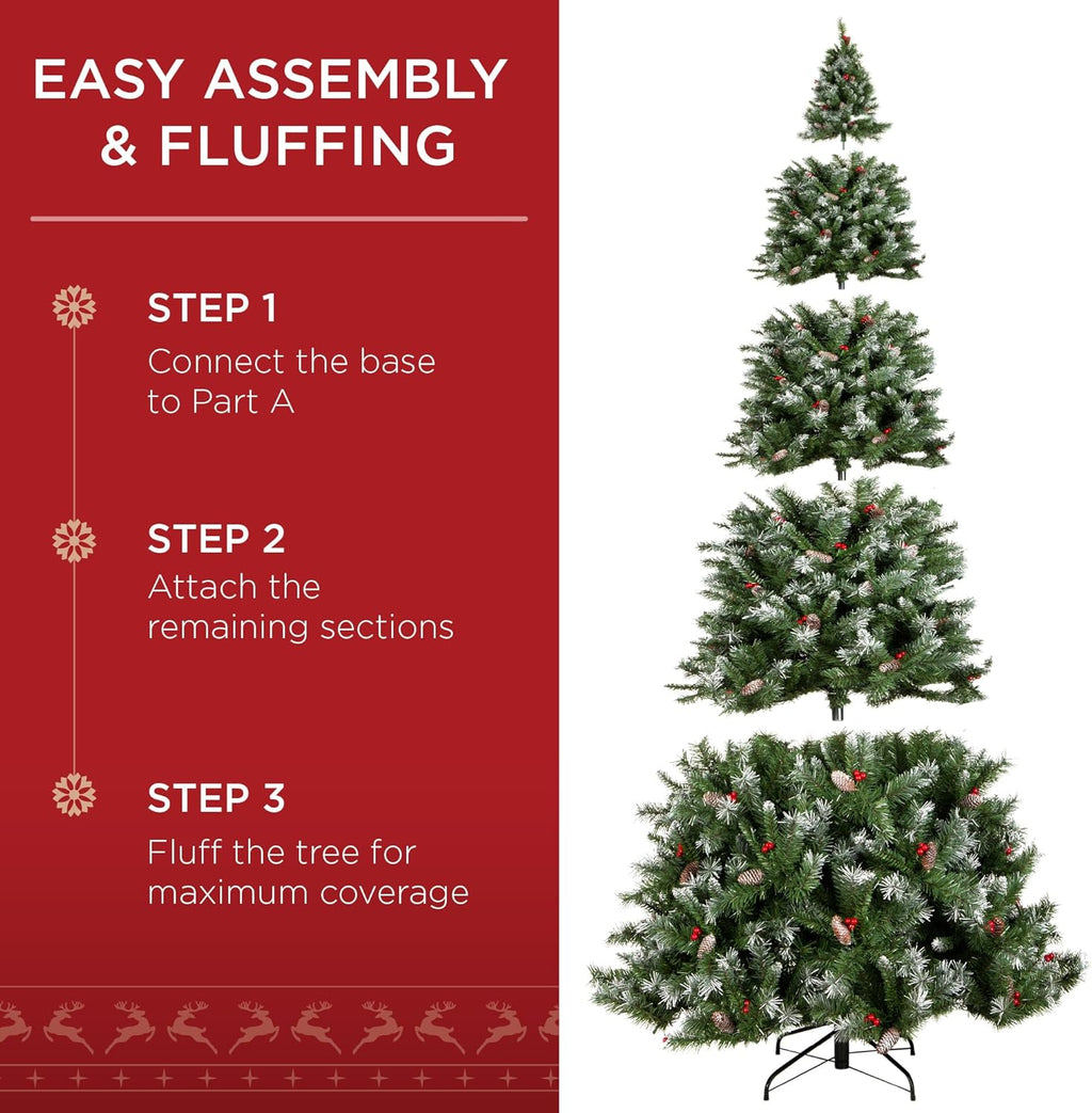 Best Choice Products Christmas Tree Pre-Lit, Pre-Decorated Artificial 12ft Frosted Pine Holiday Decoration w/Frosted Tips, Pine Cones, Berries
