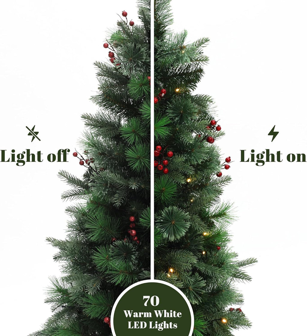 LuxenHome 4FT Small Christmas Tree, Battery Operated Potted Christmas Trees with 70 Warm White LED Lights, Slim Xmas Tree with Red Berries and Metal Pot for Entryway, Livingroom Holiday Display