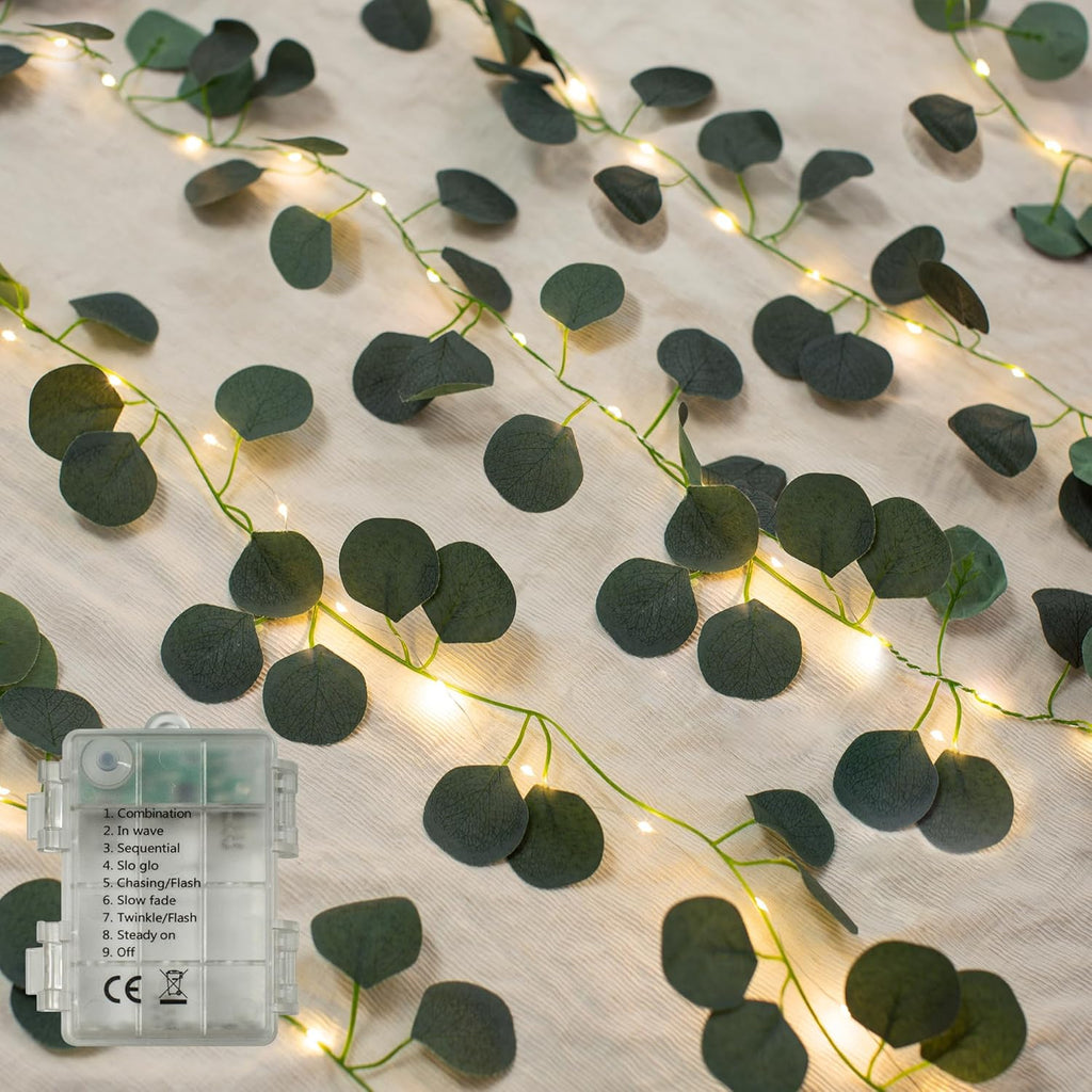 33 Ft Vine with Eucalyptus Leaf Lights Battery Operated, 8 Flashing Model Waterproof 100 LEDs Artifical Ivy Leaves Vine String Light for Garland Bedroom Wedding Party Holiday Patio Decor