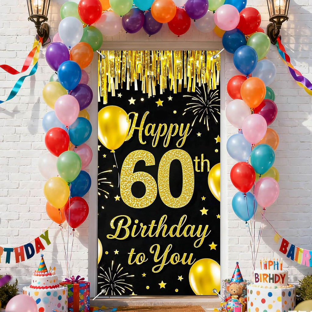 IVN 60th Birthday Door Cover 71x35 Inch Black Gold Birthday Banner for Party Decorations Balloons Stars Fireworks Backdrop Sign for Men Women Photo Booth Prop Wall Decor