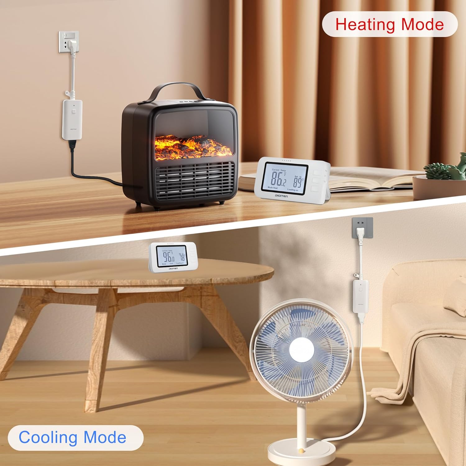 DIGITEN Wireless Thermostat Outlet Temperature Controlled Outlet with Power Cord for Heating and Cooling, Remote Control Plug in Thermostat 1800w for Space Heater, Fan, AC