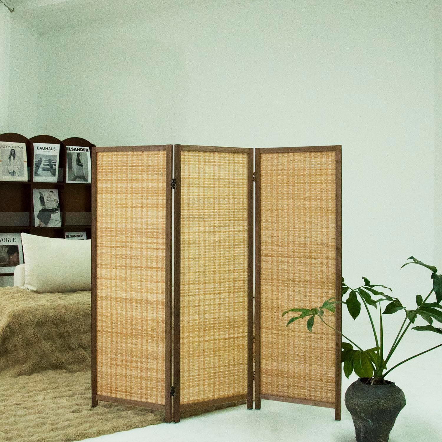 3 Panel Short Room Divider Folding Screen,47 inch Bamboo Panel Divider for Home Partition,Brown