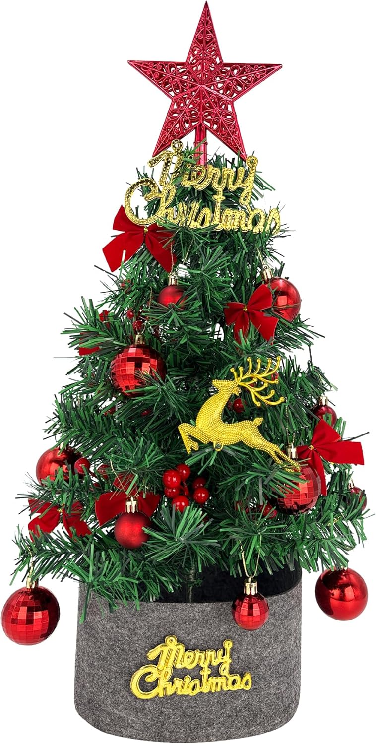 Tree Company Pre-lit Artificial Mini Christmas Tree - Red Star, Small White LED Lights, White Tipped Cones, Glitter Branches Pine Cones and Cloth Bag Base - Glittery Bristle Pine - 24 inch