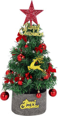 Tree Company Pre-lit Artificial Mini Christmas Tree - Red Star, Small White LED Lights, White Tipped Cones, Glitter Branches Pine Cones and Cloth Bag Base - Glittery Bristle Pine - 24 inch