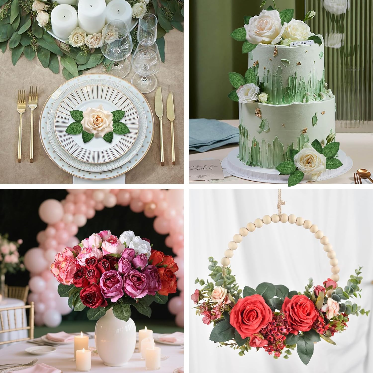 100PCS Artificial Green Leaves Faux Bulk Rose Leaves Silk Rose Flower Greenery Leaves for DIY Wedding Bouquets Centerpieces Bridal Shower Party Decorations Rose Vine Wreath Garlands Supplies Decors