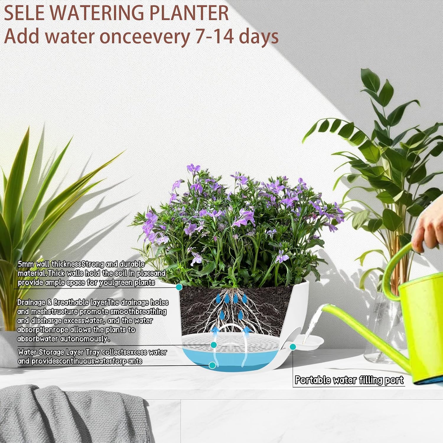 2 Pack 12 Inch Large Hanging Planters with Chains Self Watering White Plastic Hanging Pots for Indoor Outdoor Plants, Garden Porch Home Decor，White
