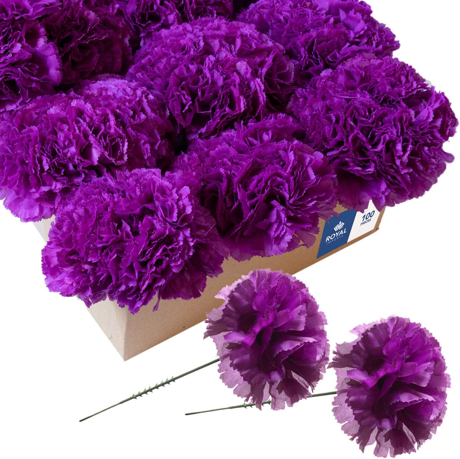 Royal Imports Artificial Carnations, Silk Faux Flowers, for Funeral Arrangements, Wedding Bouquets, Cemetery Wreaths, DIY Crafts - 100 Single 5" Stems - Purple