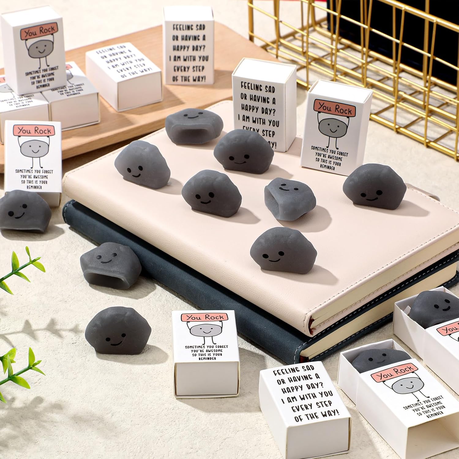 Wettarn 36 Sets You Rock Gifts Cute Stress Balls with Support Gift Boxes Inspirational Party Favors for Employee Coworker Friends Office You Rock Mini Positive Relief Figures
