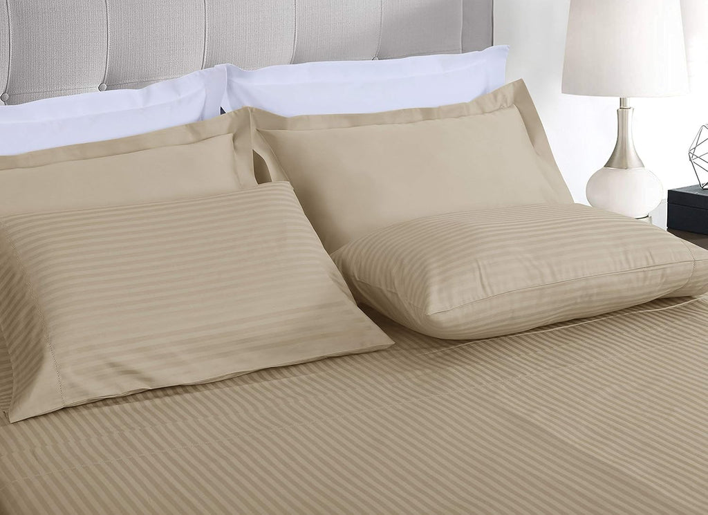 Threadmill 100% Cotton Sheets for Full Size Bed - 600 Thread Count Full Bed Sheets Set with 16” Deep Pocket - Damask Stripe Sateen Weave 4-Piece Bedding Set with Cooling Effect, Beige