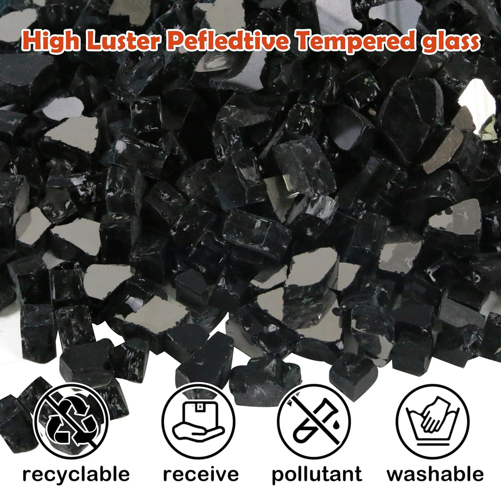 Sunnyglade 18-Pound Fire Glass - 1/2 inch, High Luster Reflective Tempered Glass Rocks for Fireplace, Fireglass for Fireplace Fire Pit, Safe for Outdoors and Indoors Firepit Glass (Black, 18 Pounds)