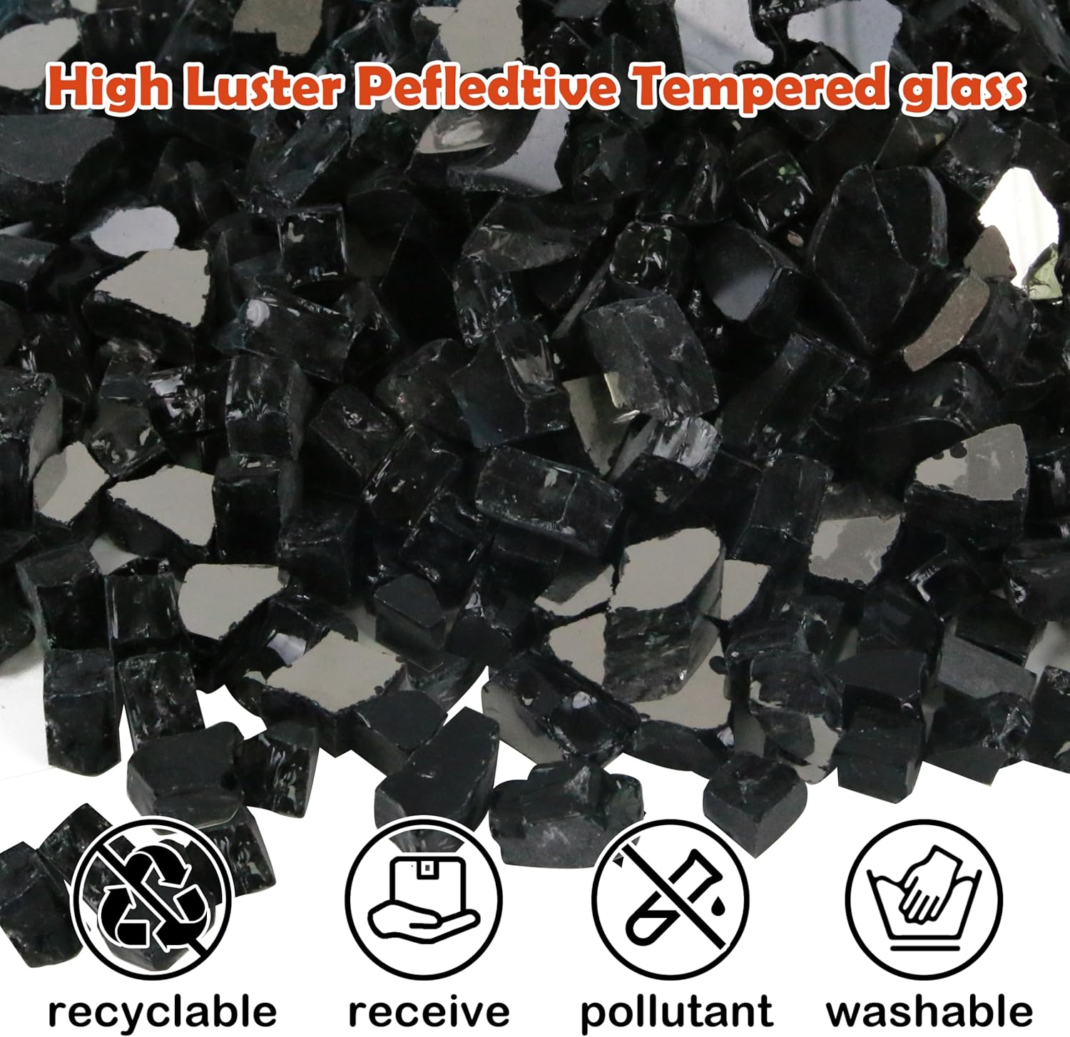 Sunnyglade 10-Pound Fire Glass - 1/2 inch, High Luster Reflective Tempered Glass Rocks for Fireplace, Fireglass for Fireplace Fire Pit (Black, 10 Pounds)